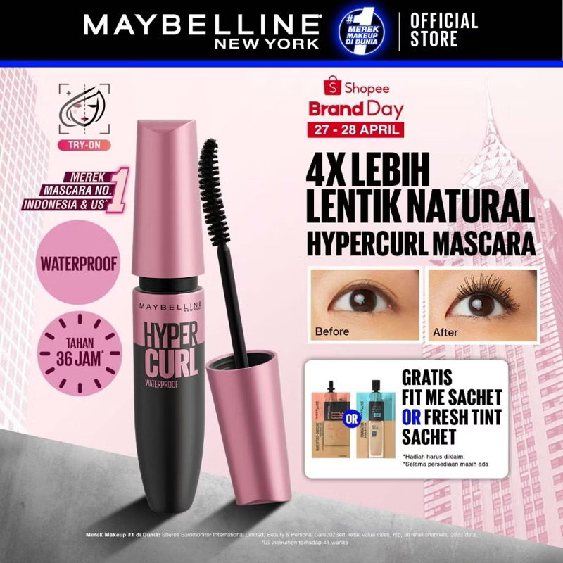 Maybeline Volume Express Hypercurl Waterproof Mascara Make up - Black Maskara Maybeline Original 100
