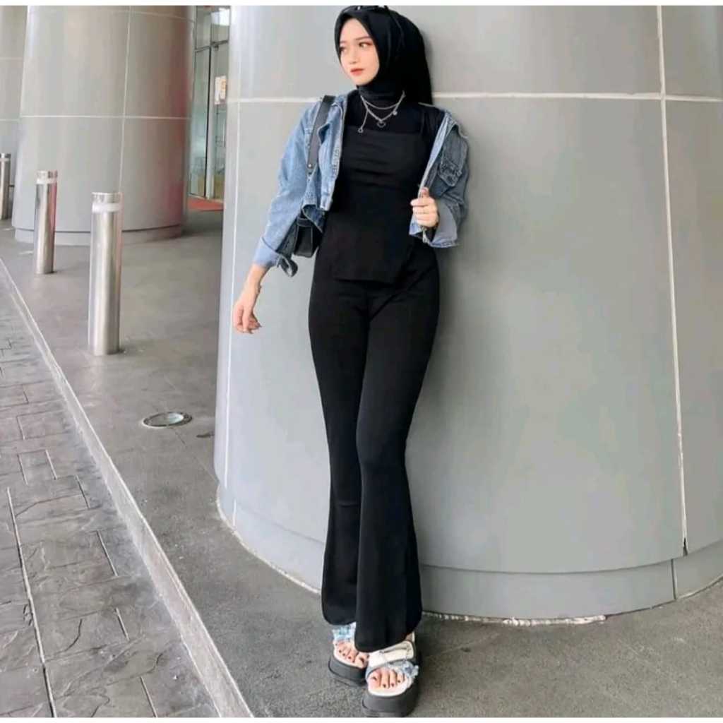 Flare Pants Rib Knit - Highwaist Flare Pants - Celana Fit Flare Pants Wanita