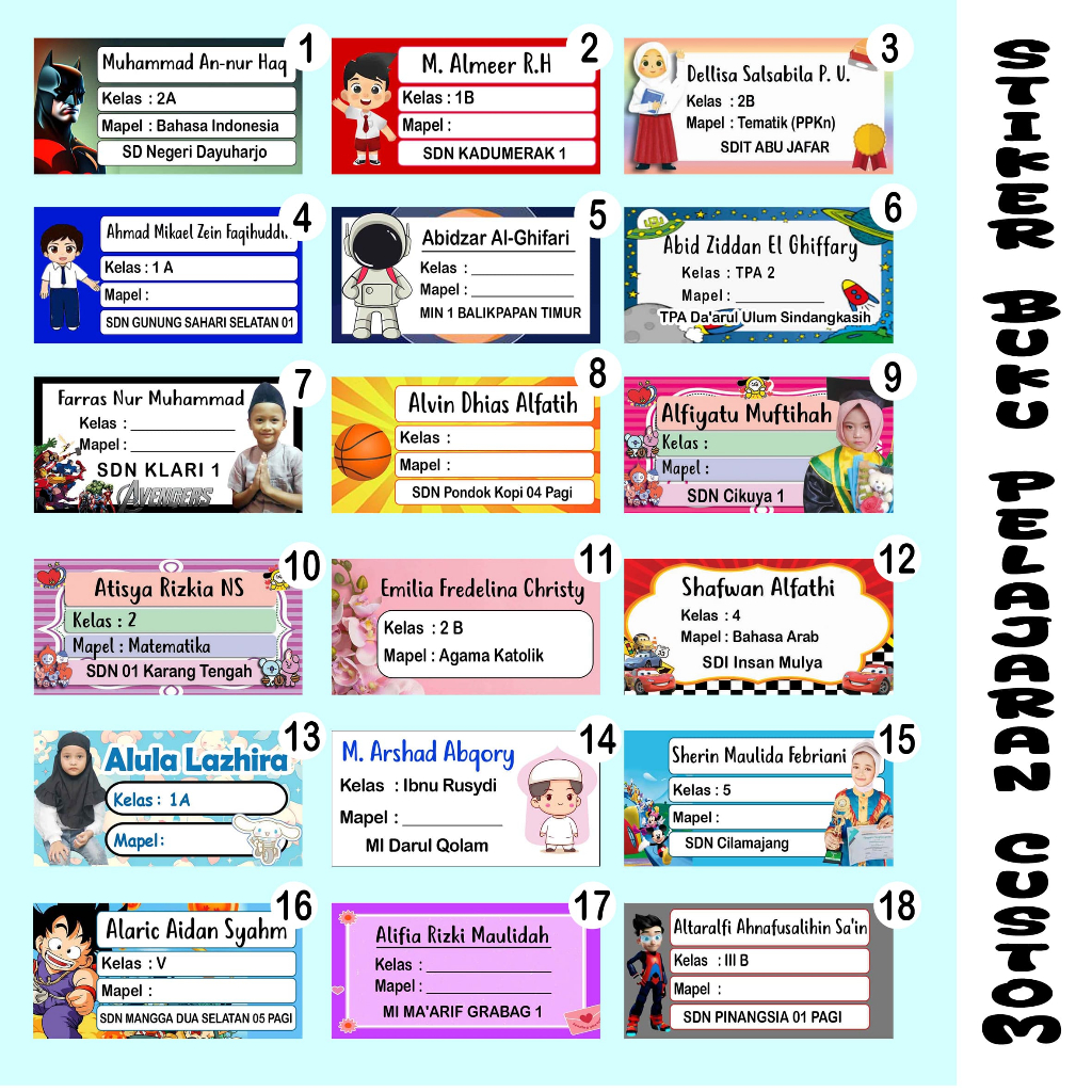 

20 Pcs Stiker Nama Buku Pelajaran, bisa pakai foto, bisa tulis per mata pelajaran & bisa request desain suka-suka