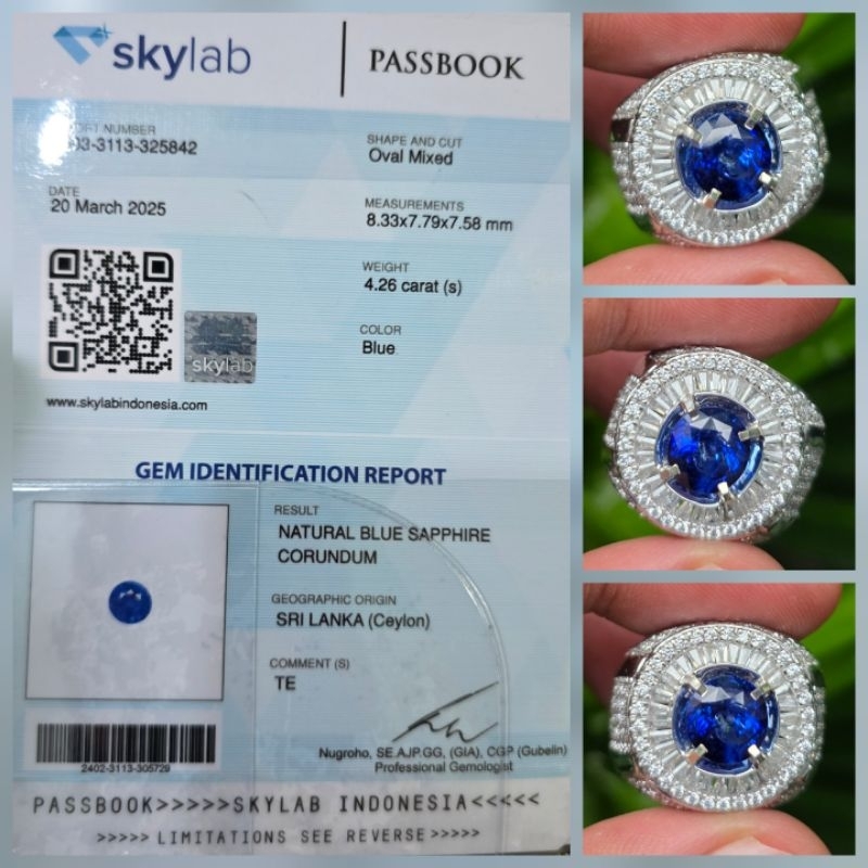Batu Natural HQ Blue Sapphire Ceylon Srilanka Sertifikat 4.26 crt