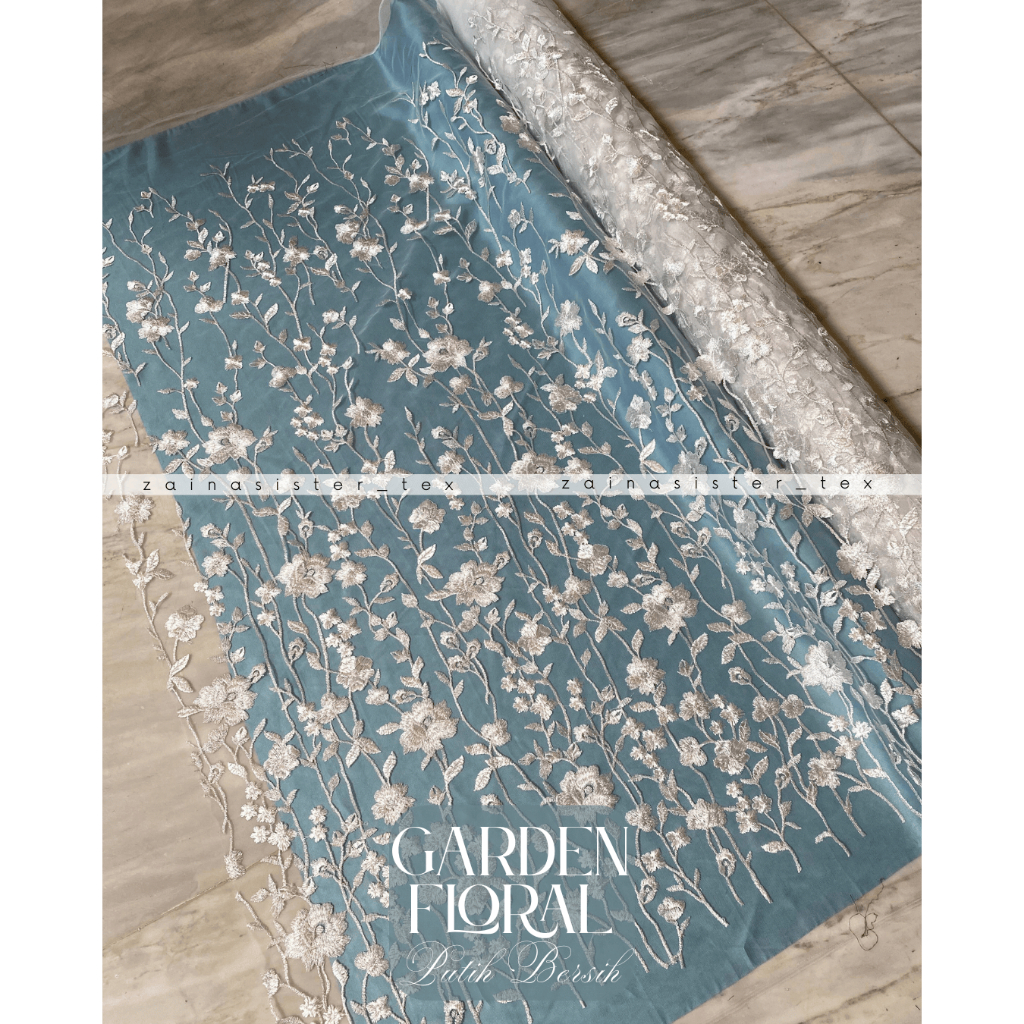 Bahan Kain Kebaya Brokat Brukat Tile Tulle Embroidery Garden Floral Motif Bunga Warna Putih Bersih W