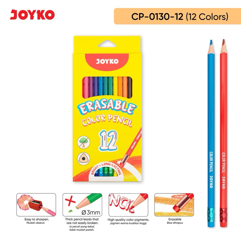 

Erasable Color Pencil CP-0130-12 WARNA Pensil Warna Dapat Dihapus Joyko Triangle Grip