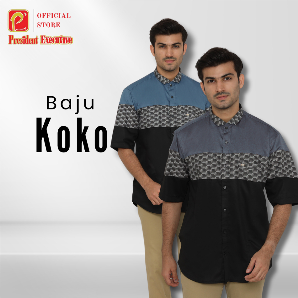 President Executive - Kemko Lengan Pendek Al Ghifar Baju Koko Pria Dewasa Polos Kombinasi Warna