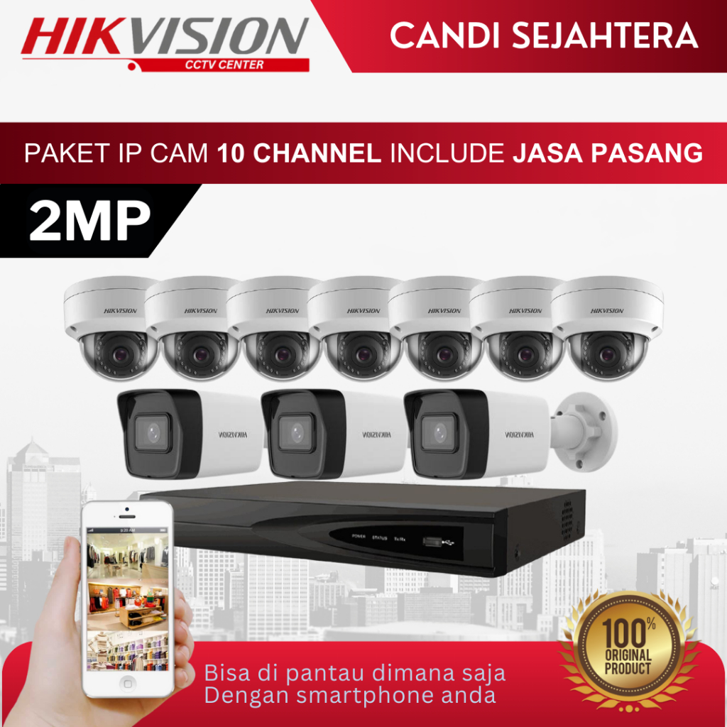 PAKET CCTV IP CAM HIKVISION 2MP 10 KAMERA + INSTALASI & ONLINE DI HP