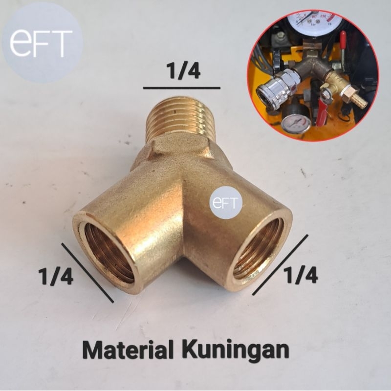 Sambungan kran kompresor cabang 3 Kuningan drat 1/4