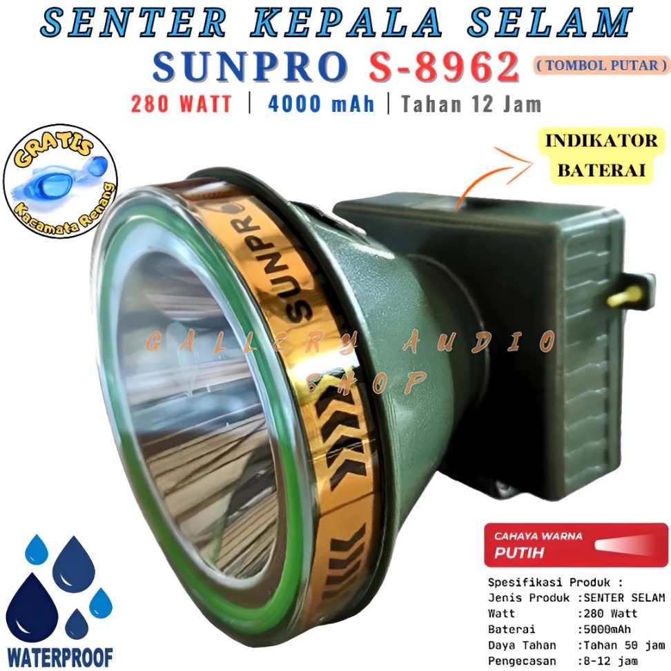 Senter Kepala Selam LED 260 Watt 280 Watt 300 Watt SUNPRO Cahaya Putih Waterproof Super Terang Super