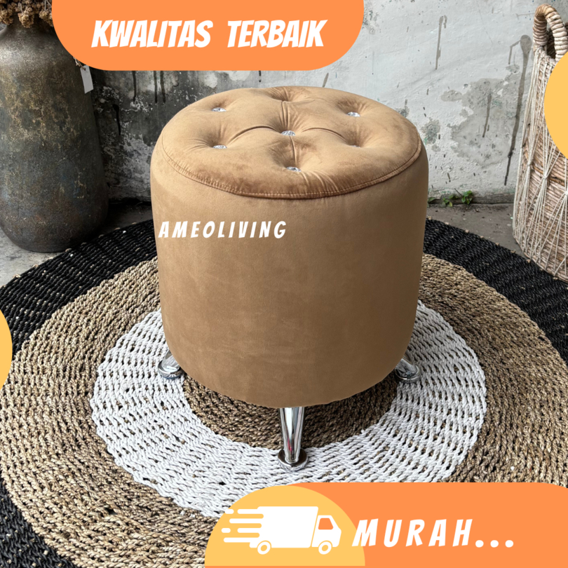 Stool Bulat Pajero D40cm Kancing Kristal - Stool Kaki Stainless - Stool Murah - Stool Dewasa - Kursi