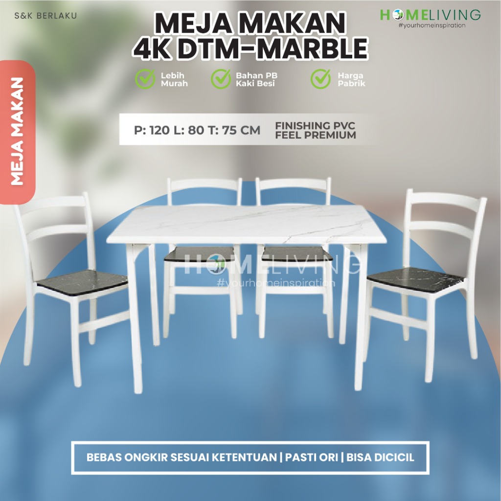 HOMELIVING - MEJA MAKAN - SET MEJA MAKAN 4 KURSI - MEJA MAKAN MARBLE - MEJA MAKAN MDF