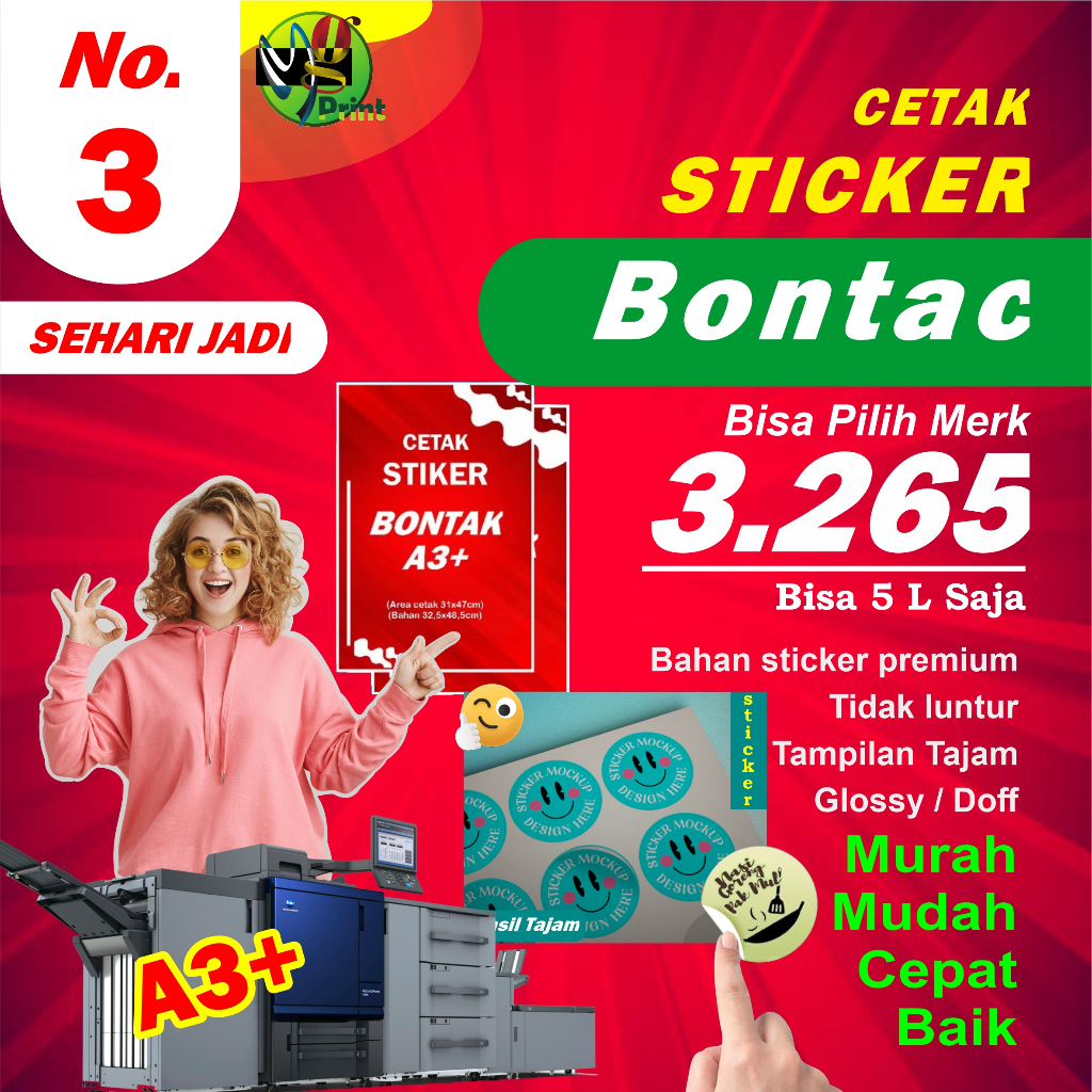 

CETAK STIKER A3+ | Bontac Cromo | Graftac | Camel | Quantac | HVS | Craft | Print Label Kemasan