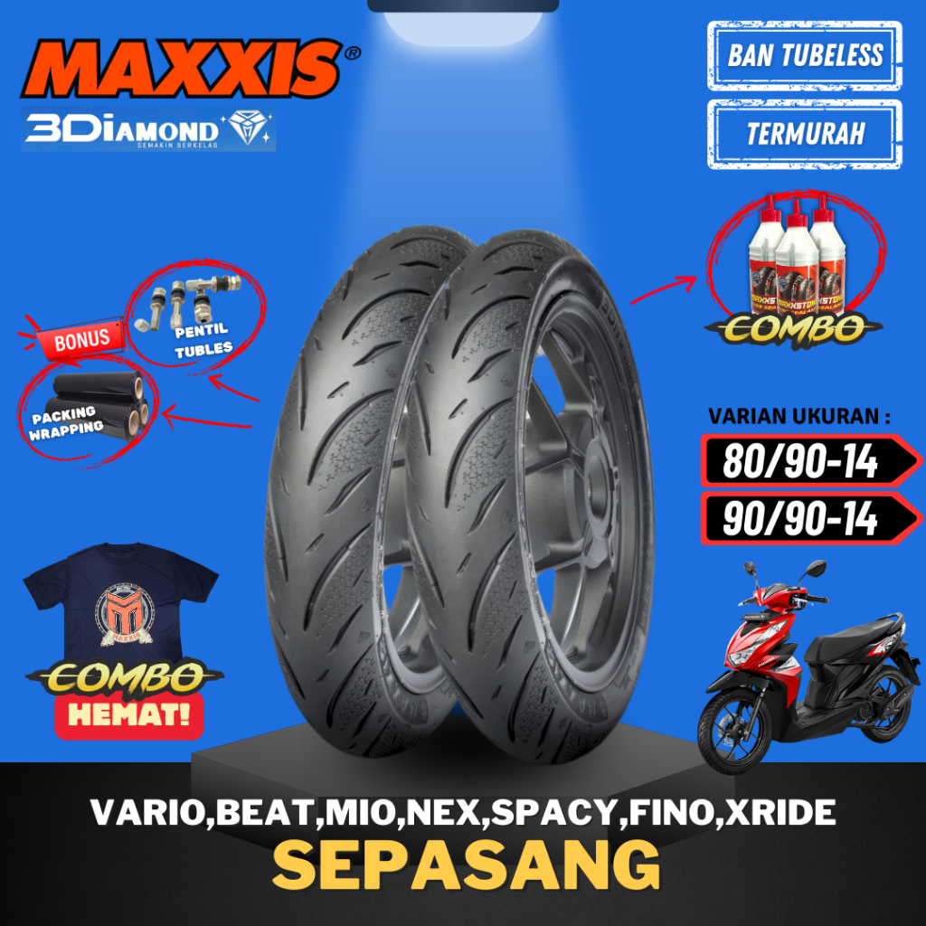 [PAKET SEPASANG TERMURAH] BAN MAXXIS DIAMOND MA-3Di TUBELESS RING 14 ( 80/90-14 / 90/90-14 ) BAN MOT