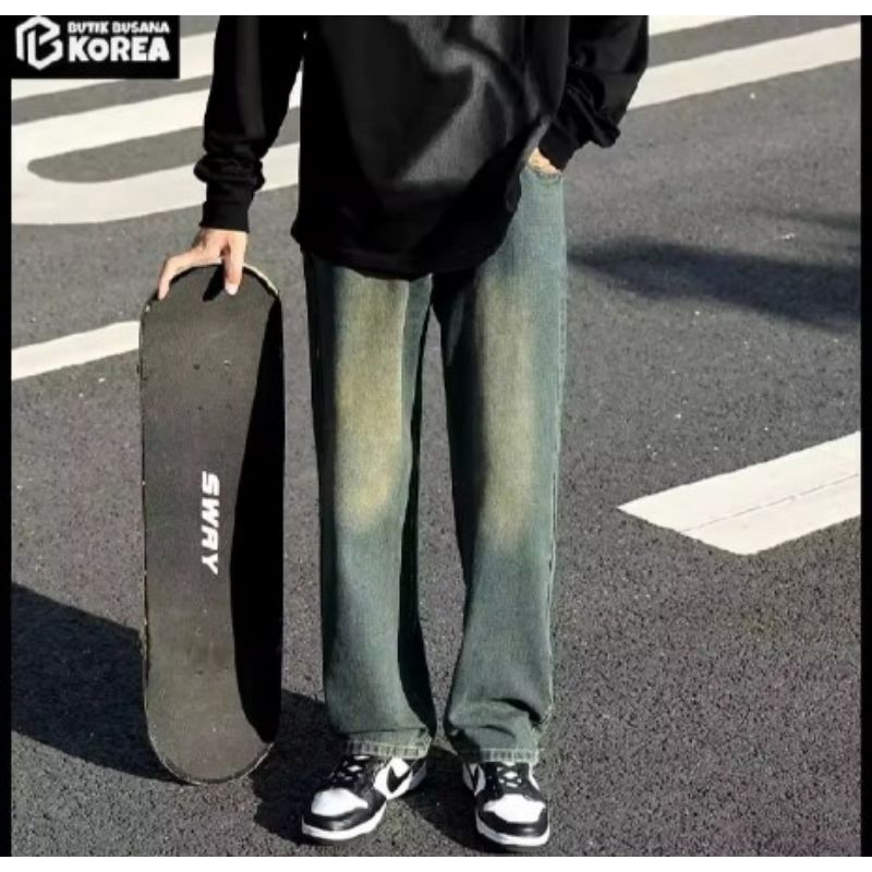 Celana Jeans Panjang Wide Leg Wisker Lebar Gombrong Skena Black Wisker pria loose fit jumbo big kere