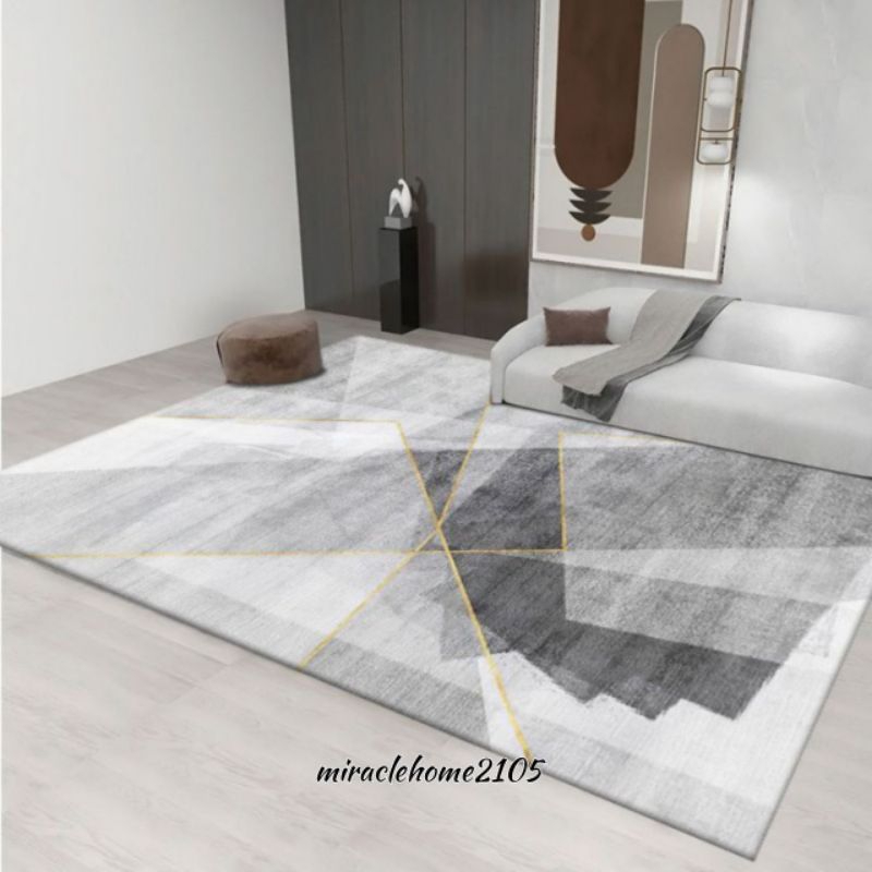 karpet minimalis abstrak dekorasi ruang tamu estetik alas meja samping sofa