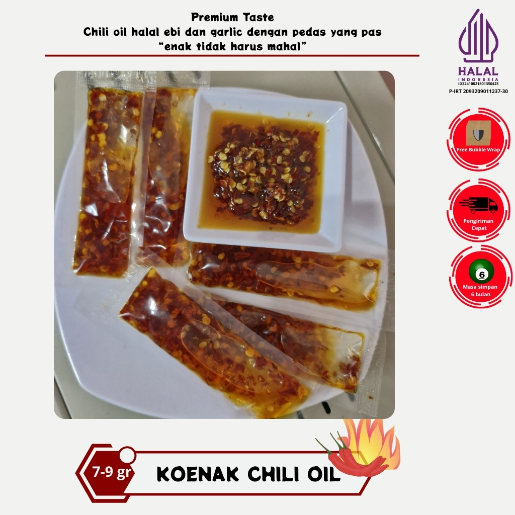 

Chili Oil sachet Koenak HALAL MUI kemasan saset sekali makan, Chili oil halal pedas / Minyak Cabai ebi garlic home Made lezat kemasan 9 gr
