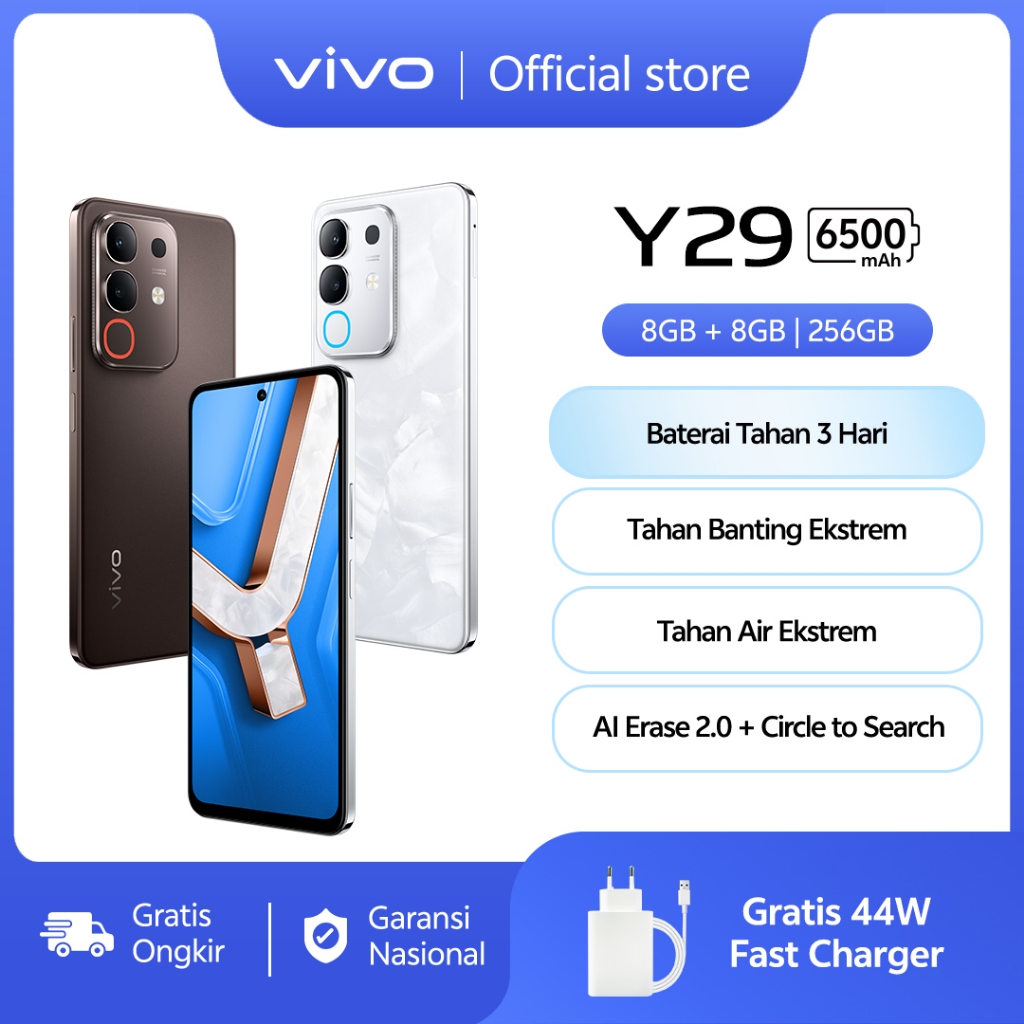 vivo Y29 (8/256) - Design Marmer Eksklusif, 6500mAh Tahan 3 Hari, Tahan Banting Ekstrem, AI Erase 2.