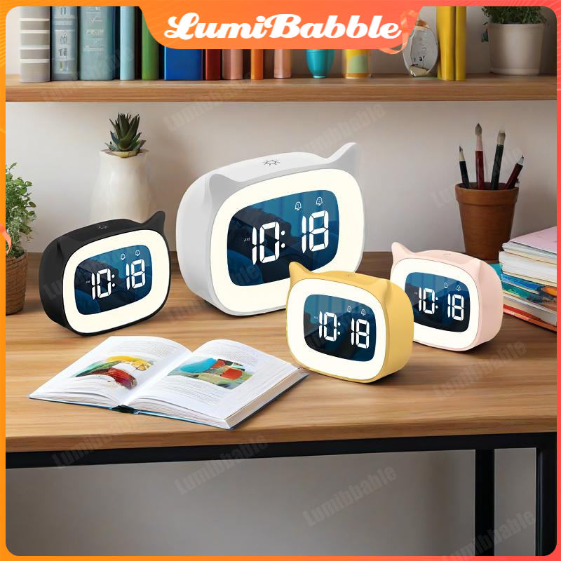Jam Alarm Lucu Bentuk Kucing/Jam Alarm Elektronik/Jam Alarm Murid/Lampu Tidur Kamar/Jam Alarm Diam