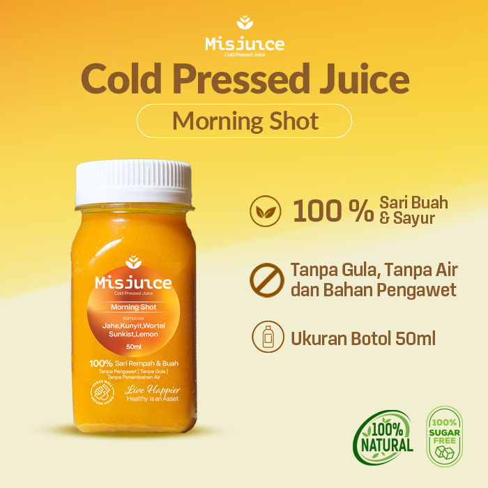 

Morning Shot - Cold Pressed Juice 50ml | Jahe, Kunyit, Wortel Sunkist, Lemon | 100% Alami Tanpa Gula