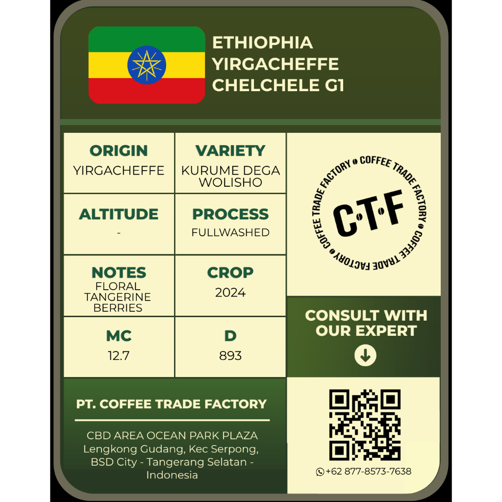 

Green Beans Arabika Ethiopia Chelchele G1 / Coffee Trade Factory CTF / Green Bean Arabica Ethiopia Chelchele G1 Biji kopi mentah terbaik flavor floral yang kompleks premium berkualitas greenbean specialty