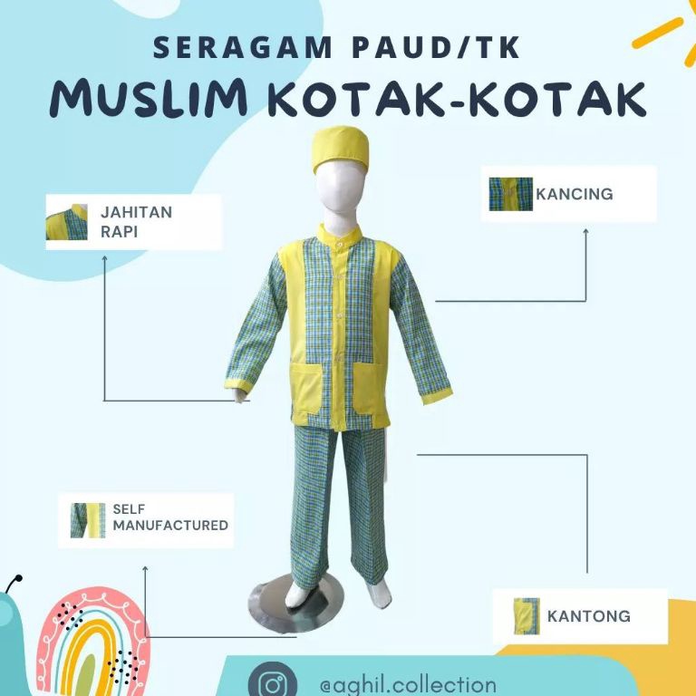 KODE D33U Seragam TKPAUD Muslim KotakKotak Baju TKPAUD KotakKotak Kuning Hijau