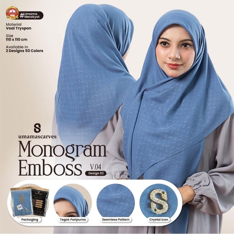 SEGI EMPAT MONOGRAM EMBOS BY UMAMA SCARVES / HIJAB SEGIEMPAT UMAMA / SEGIEMPAT UMAMA POUCH / HIJAB S