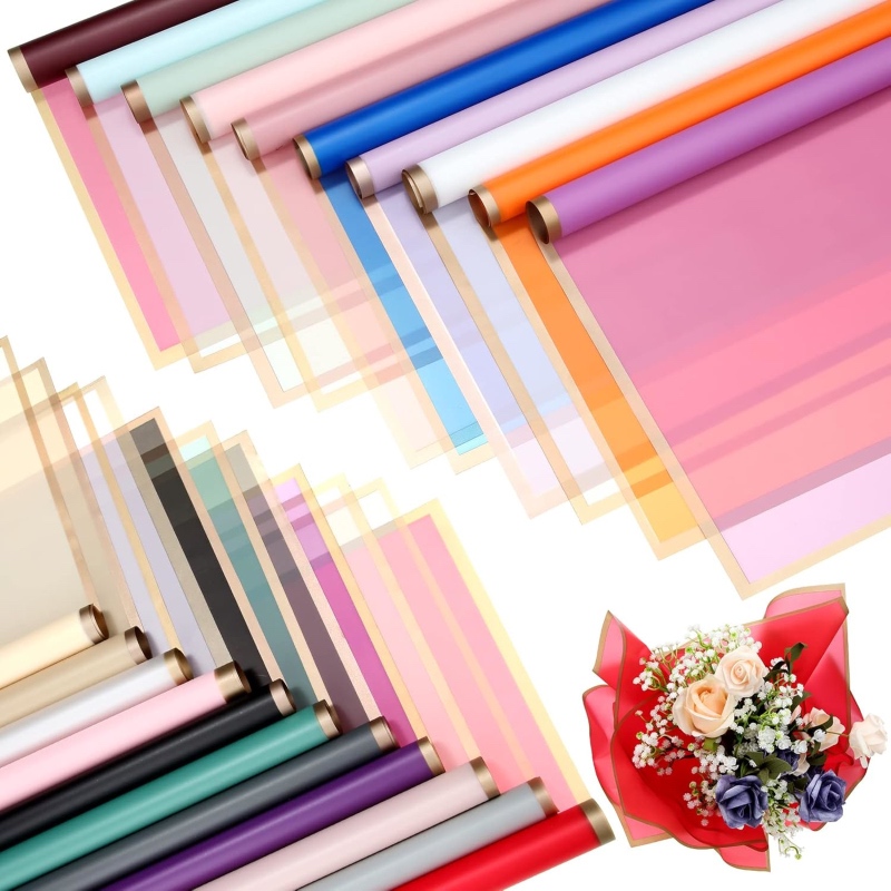 

[ 20 Lembar ] Cellophane List Gold Flower Wrapping Paper Kertas Buket Pinggiran Emas Transparant