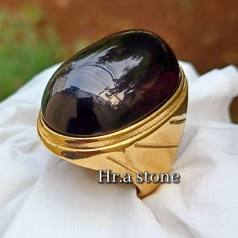 CINCIN BATU AKIK KECUBUNG WULUNG HITAM PEKAT TEMBUS SENTER UKURAN BESAR