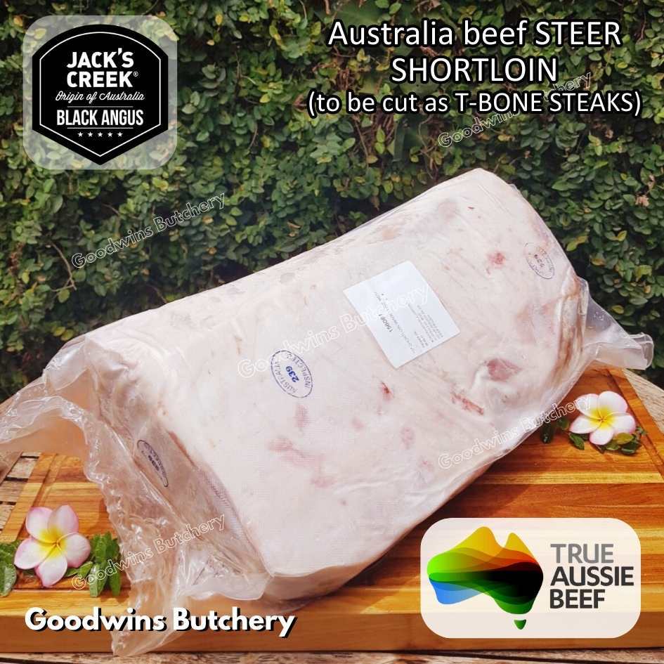 

Beef SHORTLOIN Australia ANGUS STEER (young cattle) whole to be cut as T-Bone and Clubsteak TBone aged-frozen