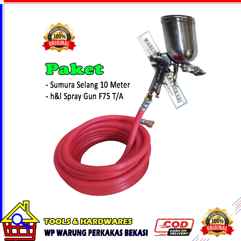 MURAH H&L Alat Semprot Cat Spray Gun F75G Tabung Atas 400Ml Set Selang Kompresor 10 Meter - PAKET