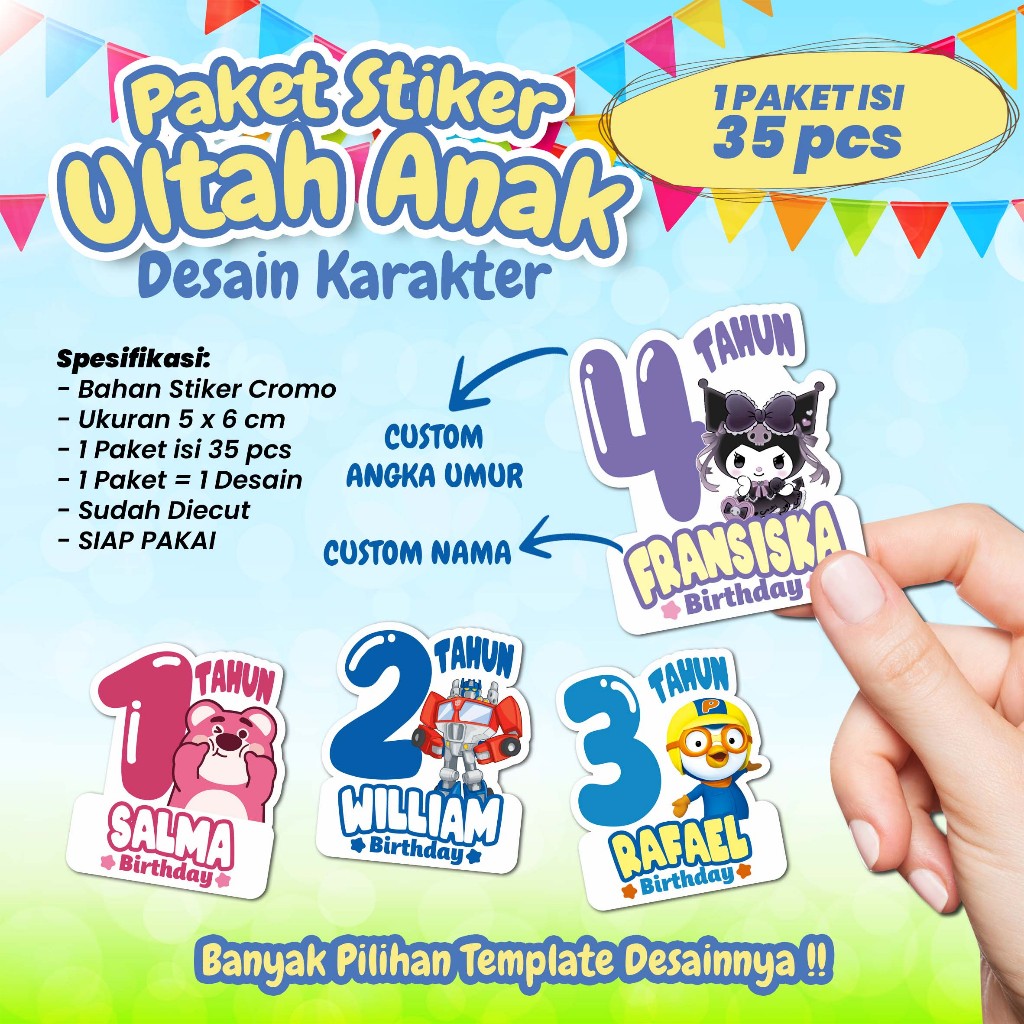 

STIKER ULTAH ULANG TAHUN ANAK - Birthday Sticker Kids - Desain berbagai karakter kartun - kode STHBD