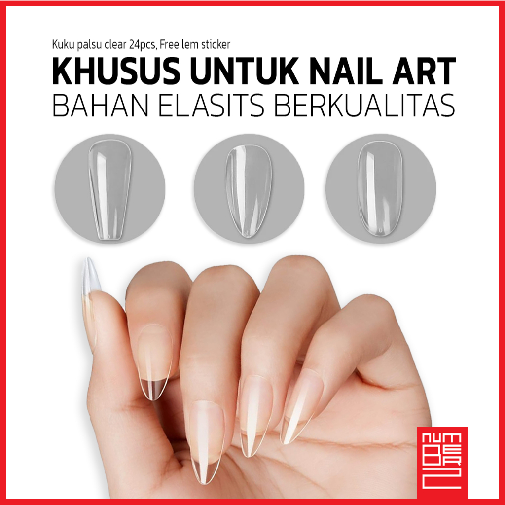 Kuku palsu nail art fake nails manicure satu set free lem stiker polos clear bening transparan exten