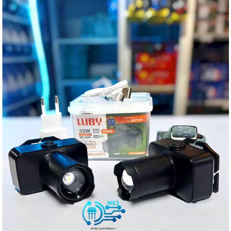 Senter Kepala Zoom Headlamp LUBY 35 Watt 3 Mode Sorot Putih / Kuning Tipe L-2907NK /L2907NL