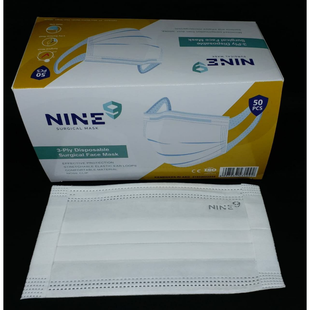 Murah MASKER NINE 3ply Medis Tali Lebar isi 50pcs Kemenkes