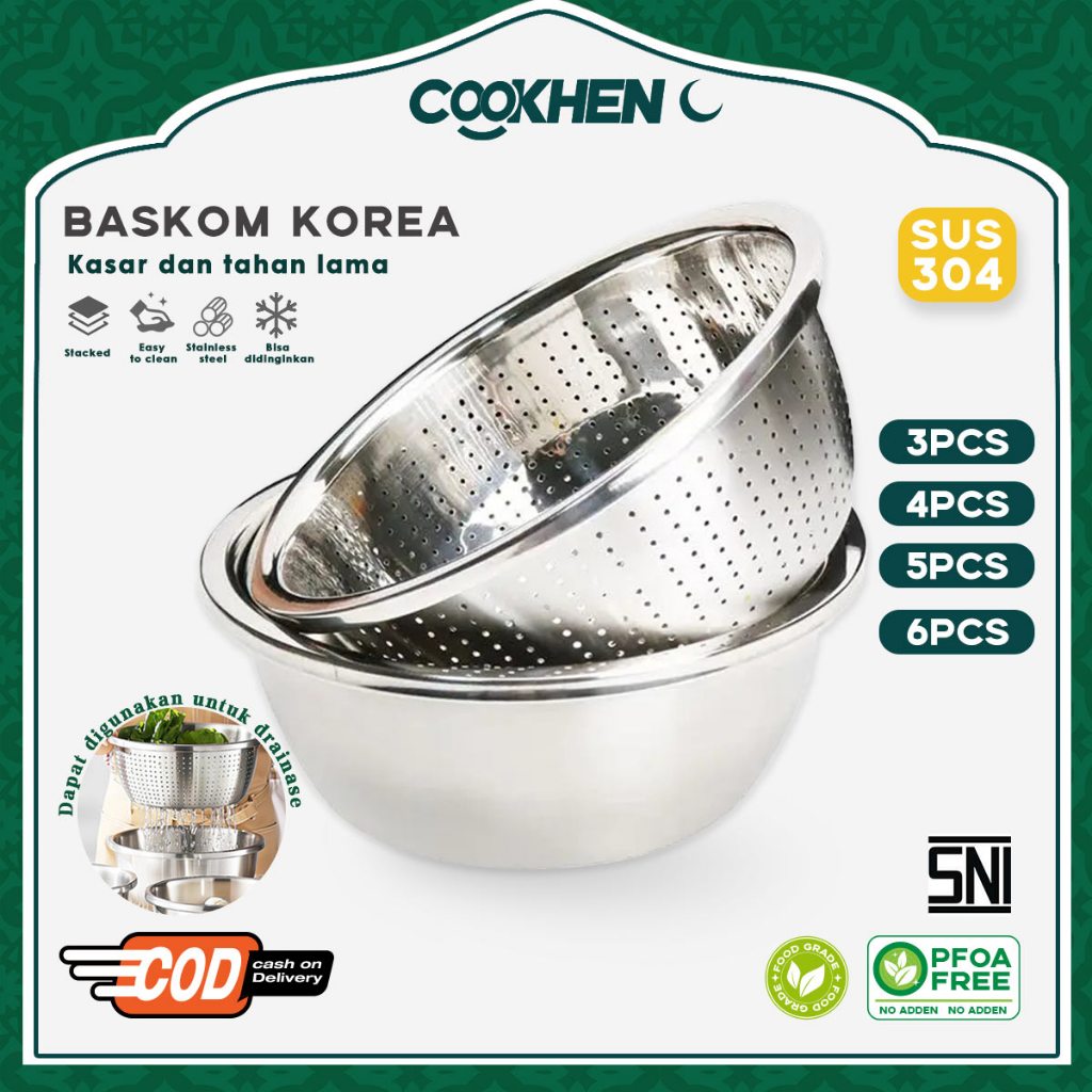 Cookhen Baskom Set 5in1 Wadah Baskom Stainless Baskom Cuci Beras Stainless Saringan Baskom Stainless