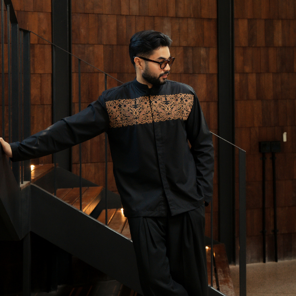 BASTOH Izmir Baju Koko Pria Dewasa Bordir Hitam Lengan Panjang