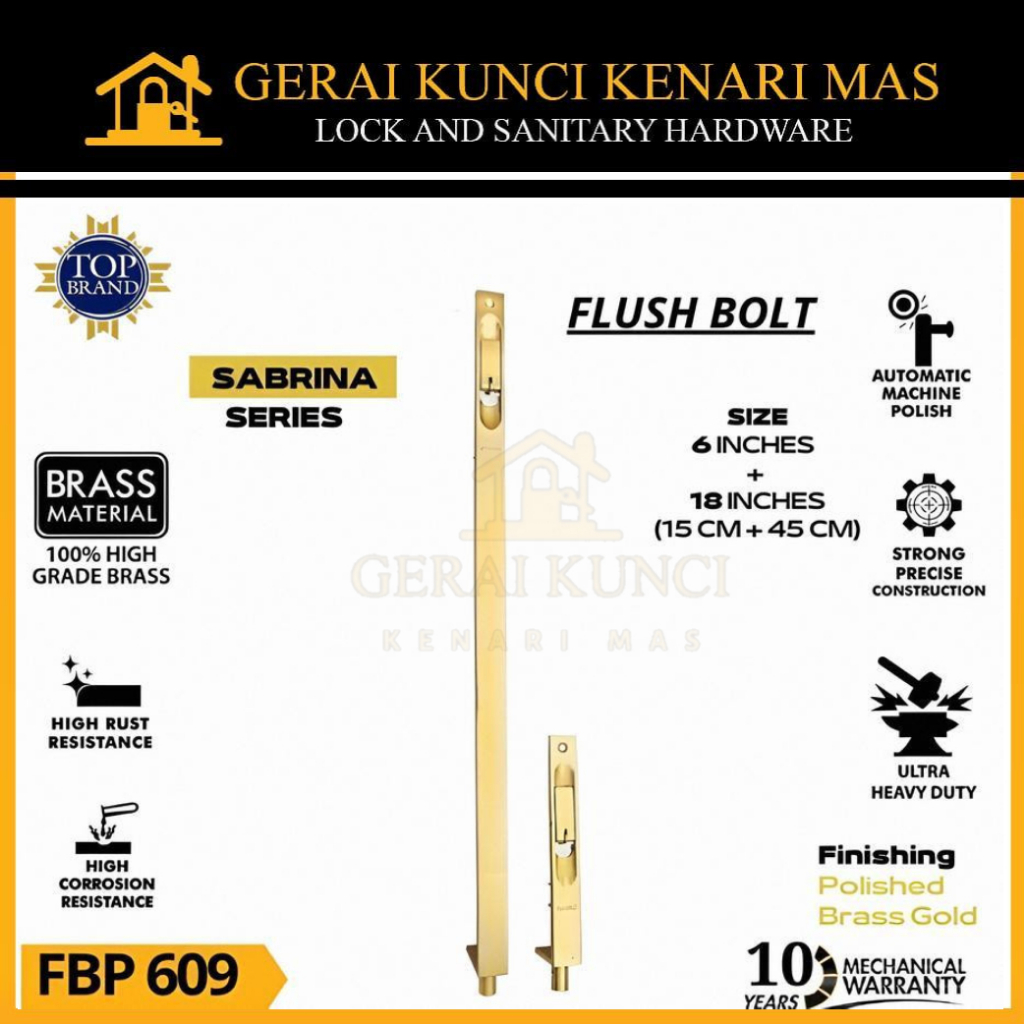 PALOMA FBP 609 Grendel Taanam Slot Pintu Atas Bawah Flush Bolt 6"+18"(15cm+45cm) Gold Brass