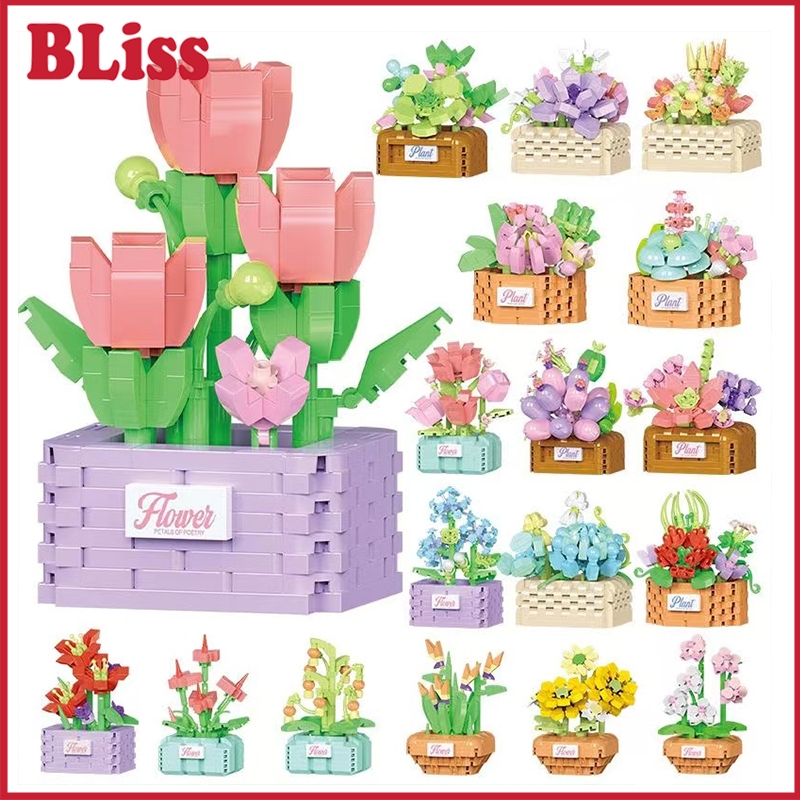 BLiss Flower Pot Block DIY Mainan Balok Buket 3D Puzzle Bricks Bunga Basket Building Blocks Hadiah