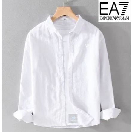 Kemeja Pria Lengan Panjang Premium Logo Depan Bordir Bahan Full Katun - Emporio Armani - Putih