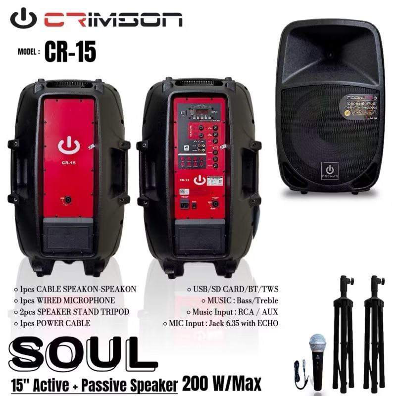 PAKET LENGKAP SPEAKER  ACTIVE PASSIVE CRIMSON 15” soul