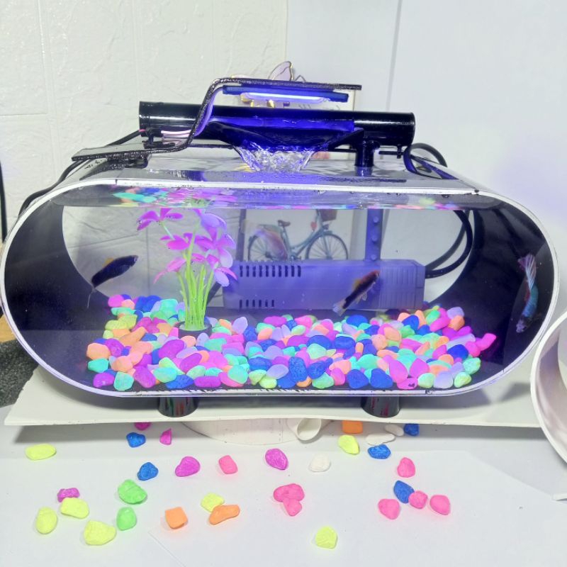 Aquarium Ikan Hias Minimalis Full Set Mini Akrilik Air Terjun Lampu Warna Besar Hadiah Kado Keren