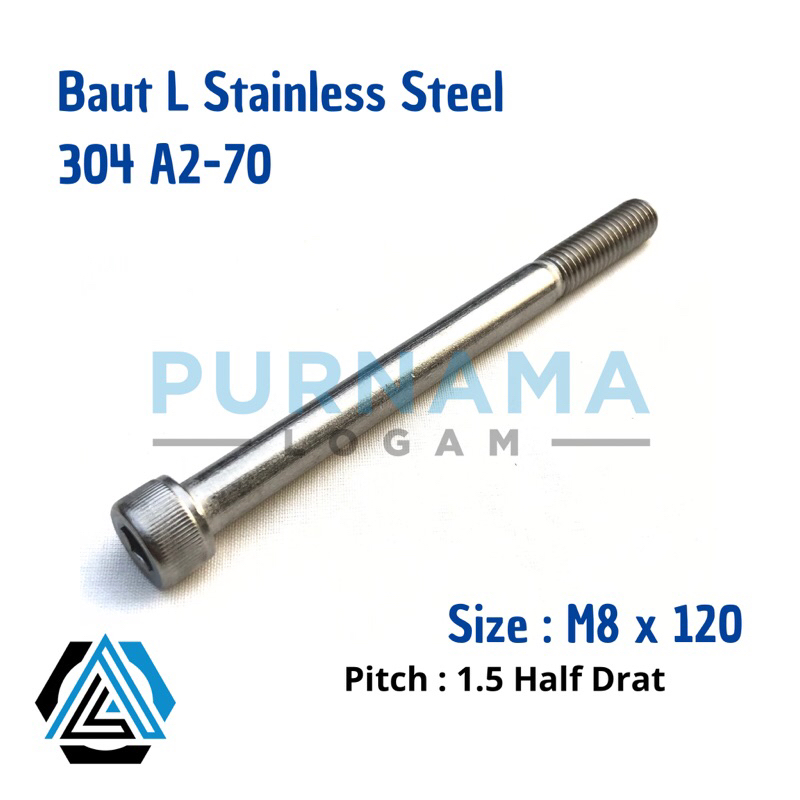 Baut L M8 x 120 HALF DRAT ( Baut 12 Panjang 12cm ) Stainless 304 THE A2-70/ Drat 12/ Kunci L6