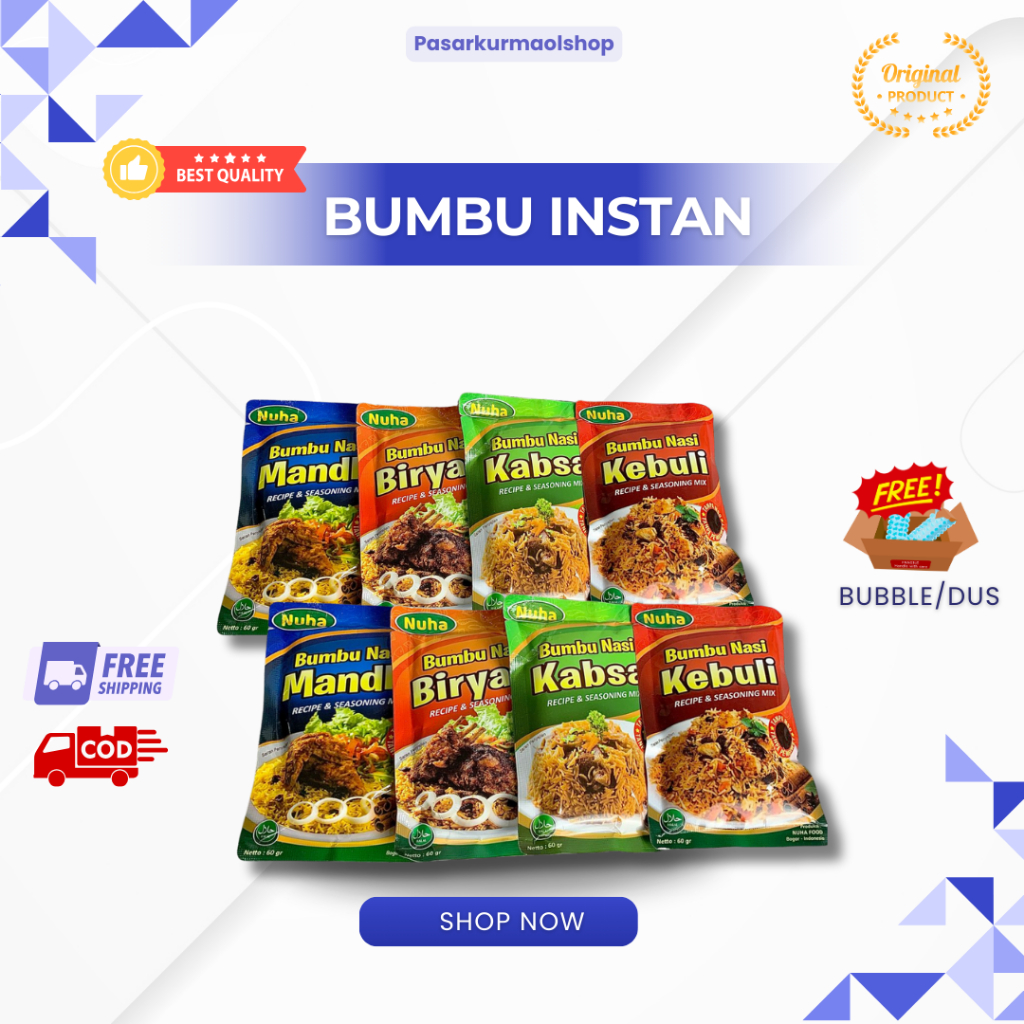 

Bumbu Instant Beras Basmati | Bumbu Nasi Biryani | Bumbu Nasi Kebuli | Bumbu Nasi Mandhi | Bumbu Nasi Kabsa