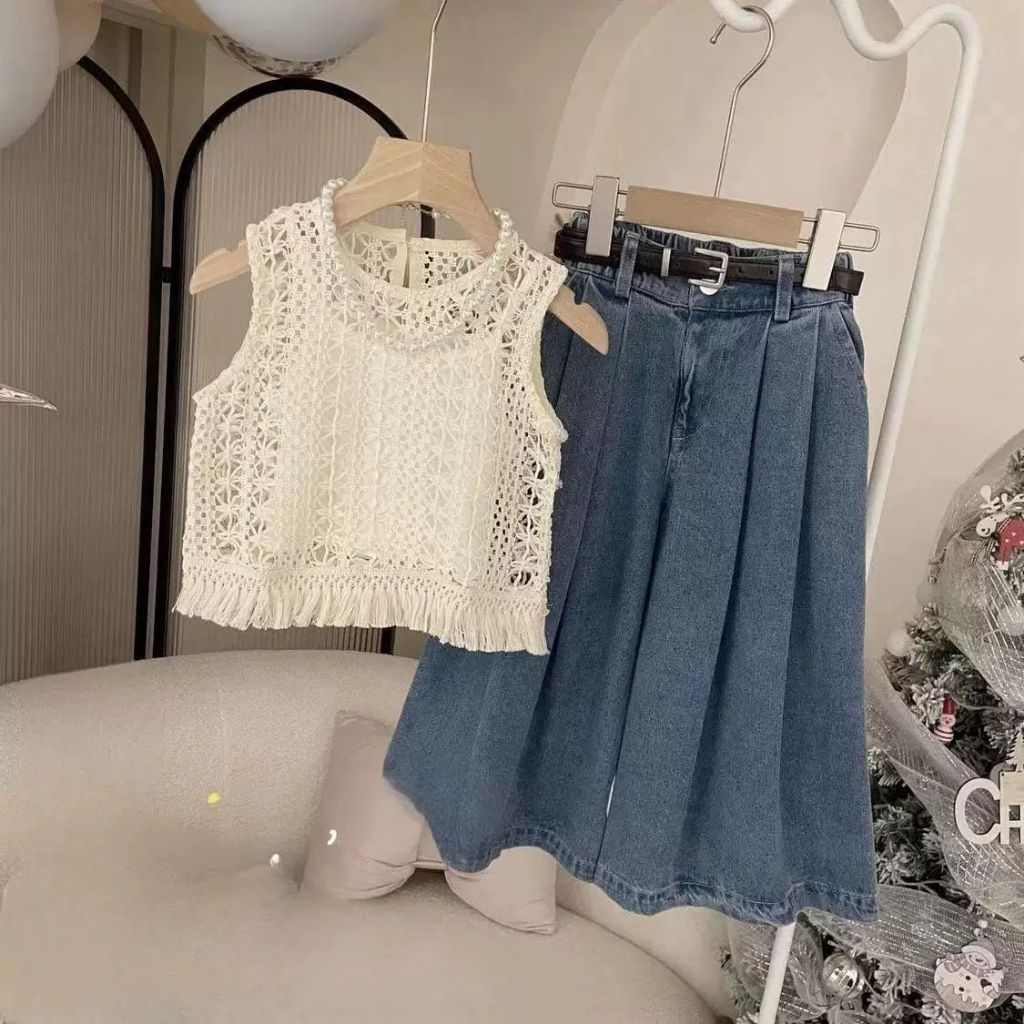 [KIDSWONDERLAND] 4005 Setelan Costel Vest Crop Brokat 3in1 + Wide Kulot Denim Anak Perempuann