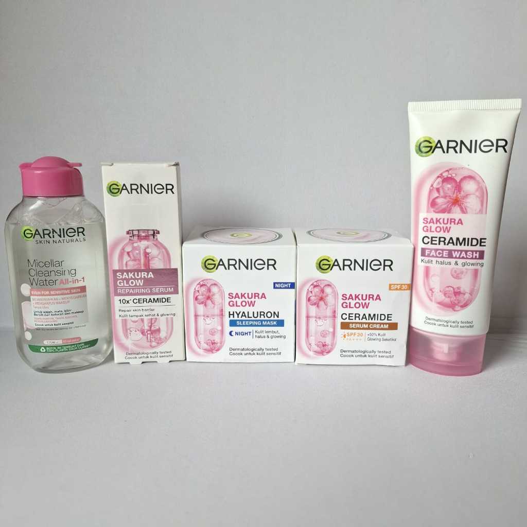 Paket Komplit 5in1 Skincare Garnier Sakura Glow Skin Barrier Simple Set - Untuk Kulit Glowing Anti R