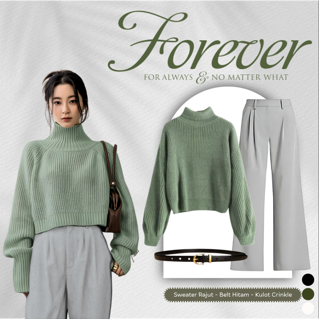 OOTD Wanita Kekinian {Sweater Rajut Mint + Kulot Crinkle Blue Grey + Belt Hitam} UW47