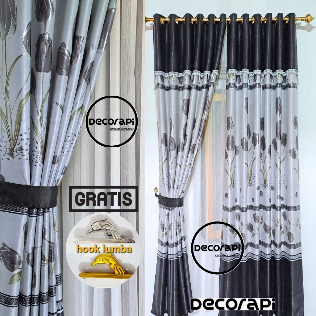 Gorden Blackout Jendela Minimalis Hordeng Pintu Kamar Ruang Tamu Mewah Motif Bunga Tulip Abu Hijau