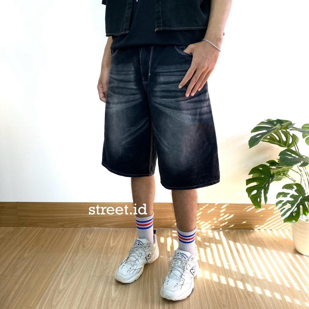 (UNISEX) Jeans Jorts Baggy Jeans Short Wisker Pria dan Wanita (605)