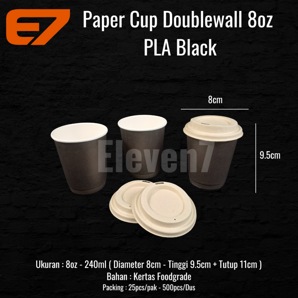 Paper Hot Cup Premium PLA Double Wall 8oz-240ml Black * Bagasse Lid Natural - Eco Friendly (25pcs)