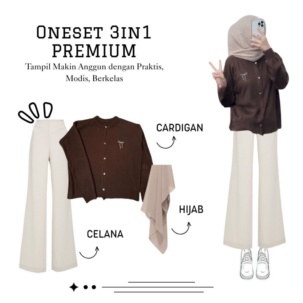 One Set 3IN1 Premium Cardigan Choco Celana Cutbray Putih Hijab Coksu Muda . KS010