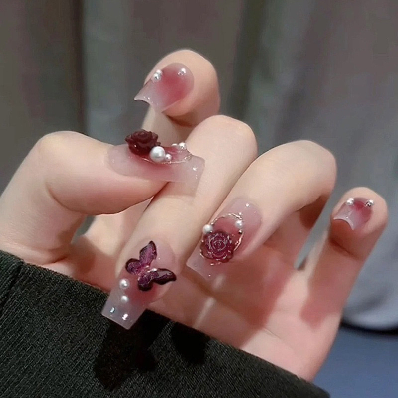 JM48 Kuku Palsu Nail Art Motif Kupu-kupu 24pcs + Lem cair / Fake Nail Art Kuku Palsu Panjang