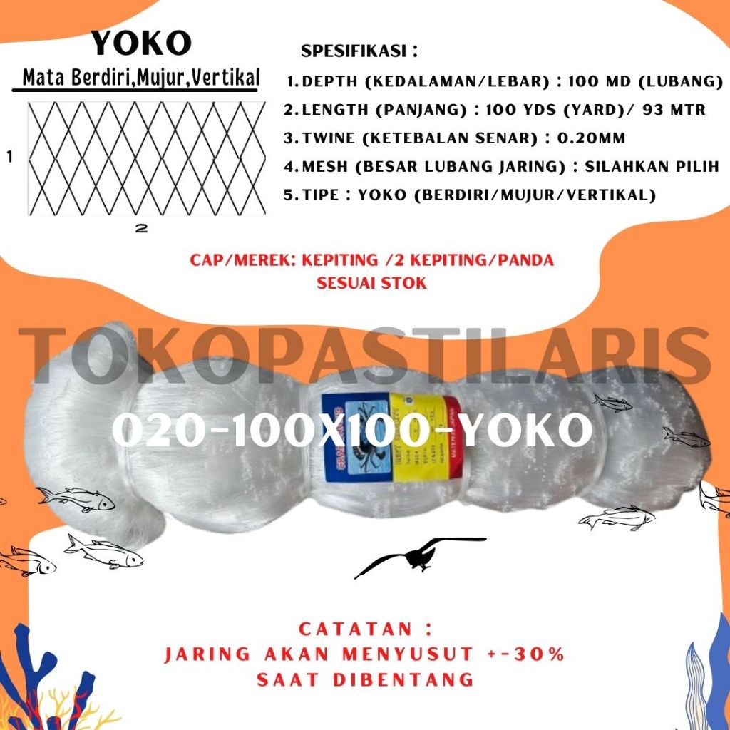 JARING SENAR 020 100X100 YOKO (MATA TEGAK)/JARING IKAN KECIL / JARING CAP KEPITING / PANDA