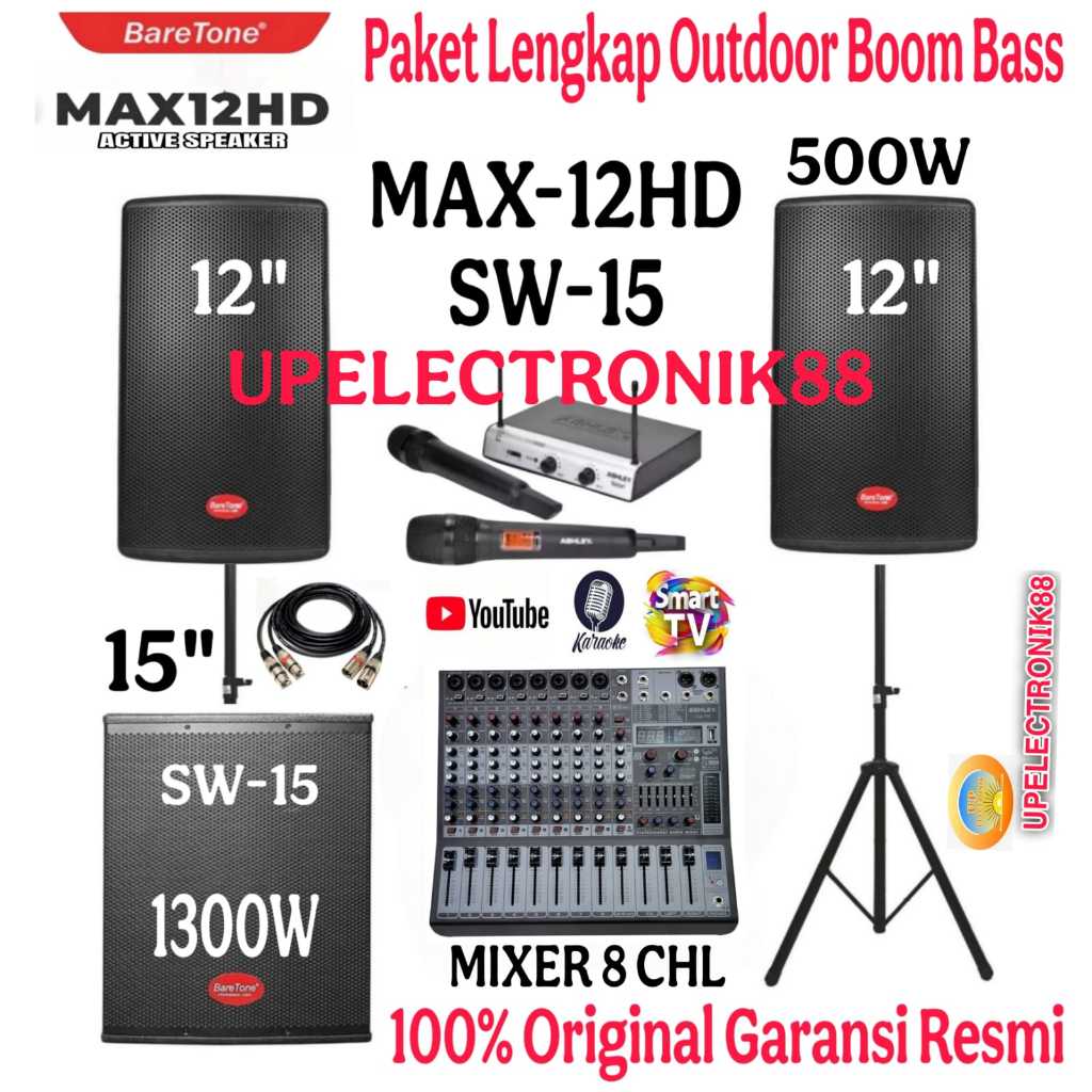 Promo Paket Sound System Speaker Aktif 12 Inch Baretone MAX12HD+Subwoofer Baretone 15 Inch+Mixer Ash